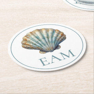 Coastal Blue Scallop Seashell Monogram Round Paper Coaster