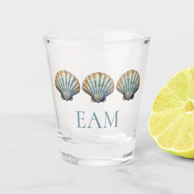 Coastal Blue Scallop Seashell Monogram Shot Glass (Front)