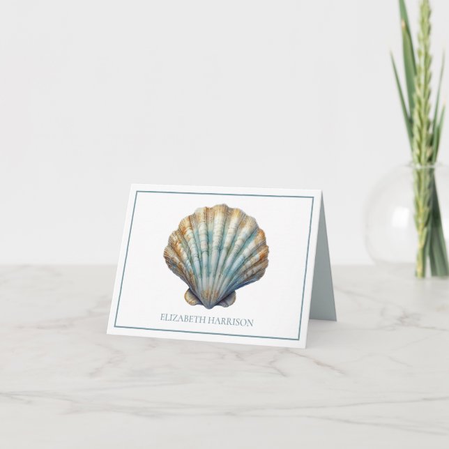 Coastal Blue Scallop Seashell Personalised Note Card (Front)