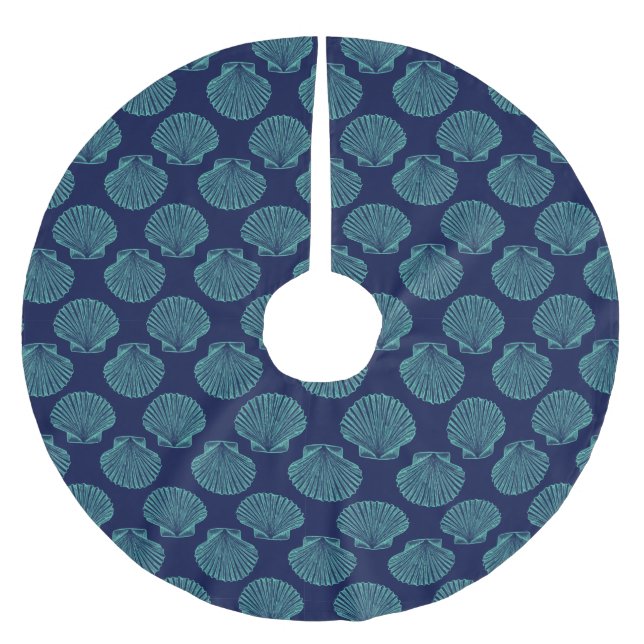 Coastal Blue Scallop Seashells Brushed Polyester Tree Skirt (Front)