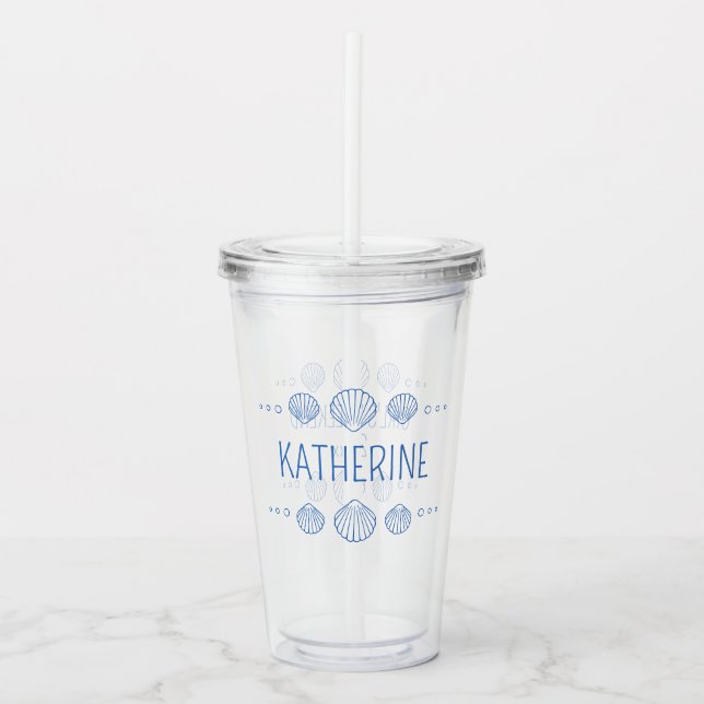 Coastal Blue Scallop Seashells Personalised Acrylic Tumbler (Front)