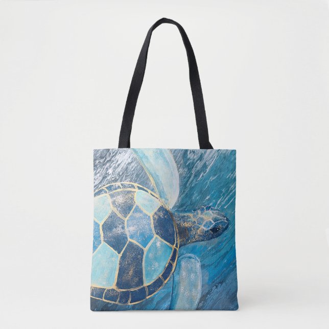 Coastal Blue Sea Turtle Fluid Painting Tote Bag (Front)