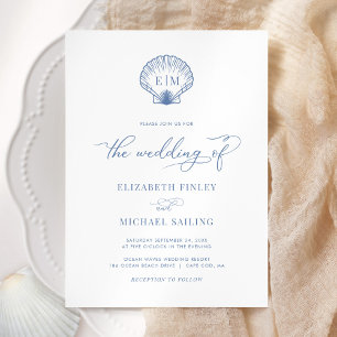 Coastal Blue Seashell Monogram Wedding Invitation