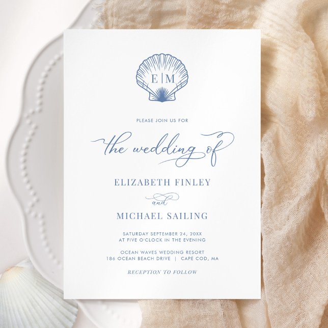 Coastal Blue Seashell Monogram Wedding Invitation (Creator Uploaded)