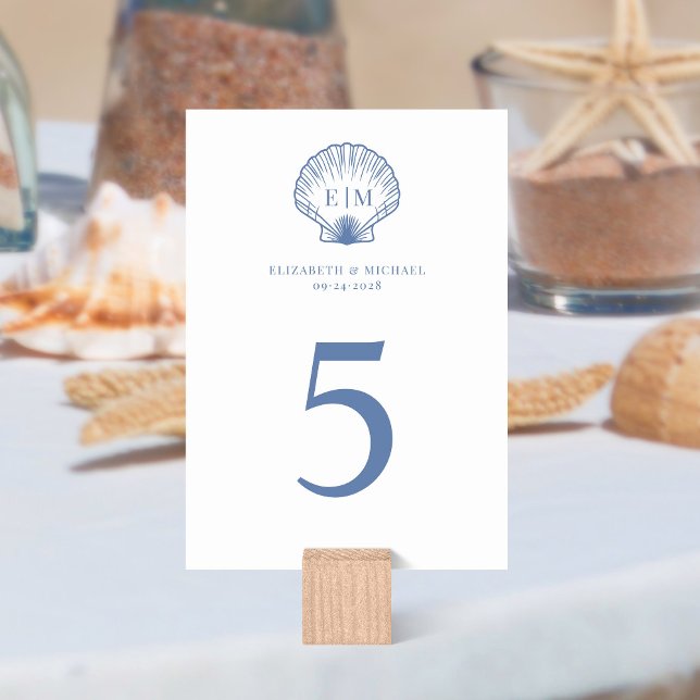 Coastal Blue Seashell Monogram Wedding Table Number (Creator Uploaded)