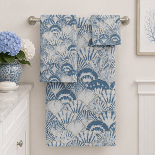 Coastal Blue Seashell Pattern Beach Bath Towel Set