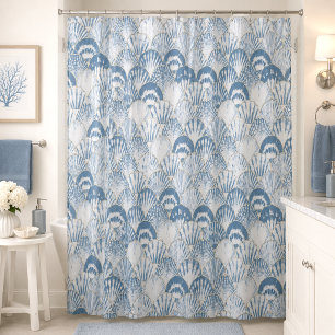 Coastal Blue Seashell Pattern Beach Shower Curtain