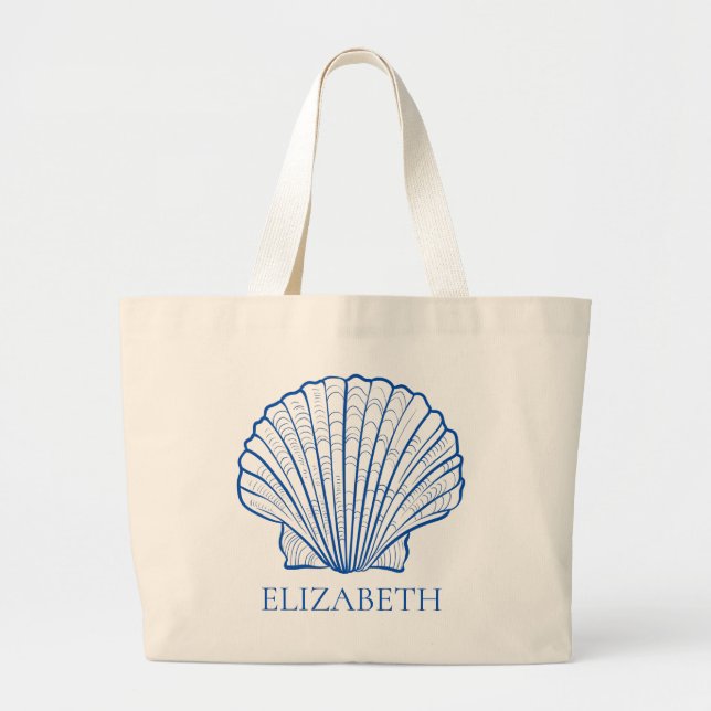 Coastal Blue Seashell Personalised Girl's Weekend Large Tote Bag (Front)