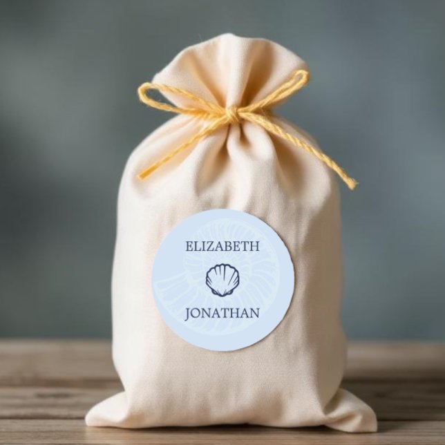 Coastal Blue Seashells Wedding Classic Round Sticker (Creator Uploaded)