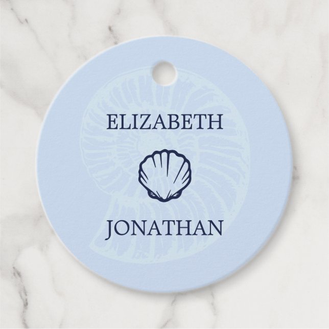 Coastal Blue Seashells Wedding Favour Tags (Front)