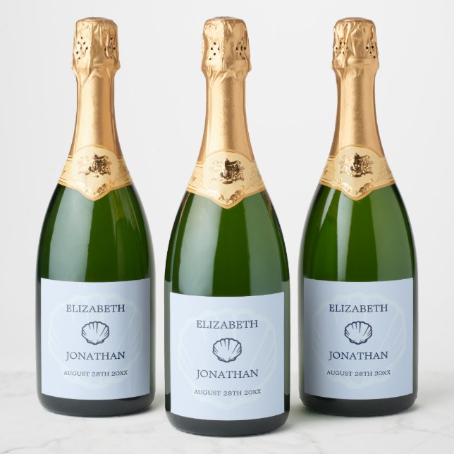 Coastal Blue Seashells Wedding Sparkling Wine Label (Bottles)
