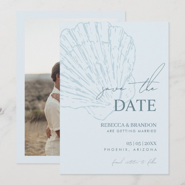 Coastal Blue Shell Hand Drawn Seashell Wedding Save The Date (Front/Back)