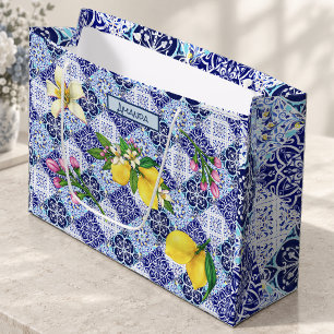 Coastal Blue Sicilian Mediterranean Citrus Tile Large Gift Bag