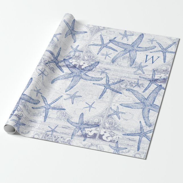 Coastal Blue Starfish Monogrammed Initial Wrapping Paper (Unrolled)