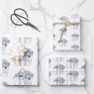Coastal Blue Stripe Tote Bag With Blue Hydrangeas Wrapping Paper Sheet