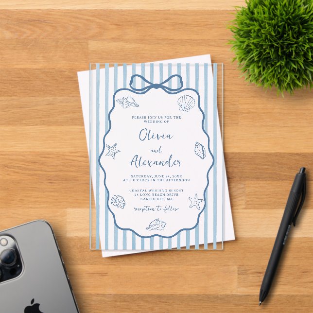Coastal Blue Stripe Whimsical Hand Drawn Wedding Acrylic Invitations (Insitu (Invitation Card))
