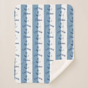 Coastal Blue Stripes Anchor Captain Baby Name Sherpa Blanket