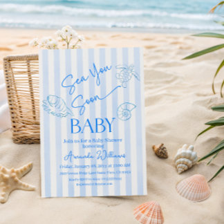 Coastal Blue Stripes Boy Sea You Soon Baby Shower Invitation
