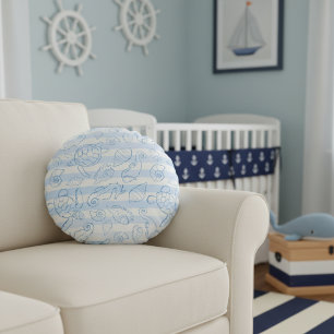 Coastal Blue Stripes Boy Sea You Soon Baby Shower Round Cushion