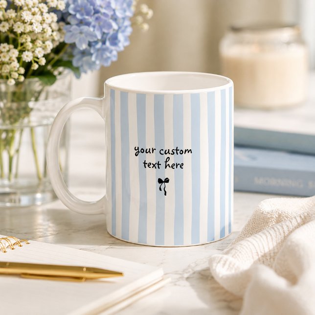 Coastal Blue Stripes Custom Text Bow Personalised Coffee Mug (Blue and white striped personalized coffee mug with custom text and small black bow.
)