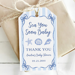Coastal Blue Stripes Sea You Soon Baby Shower Gift Tags