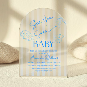 Coastal Blue Stripes Sea You Soon Boy Baby Shower Acrylic Invitations