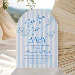 Coastal Blue Stripes Sea You Soon Boy Baby Shower Invitation