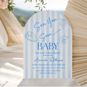Coastal Blue Stripes Sea You Soon Boy Baby Shower Invitation