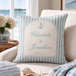 Coastal Blue Ticking Stripe Custom Couple Names Cushion