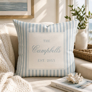Coastal Blue Ticking Stripe Custom Family Name Cushion
