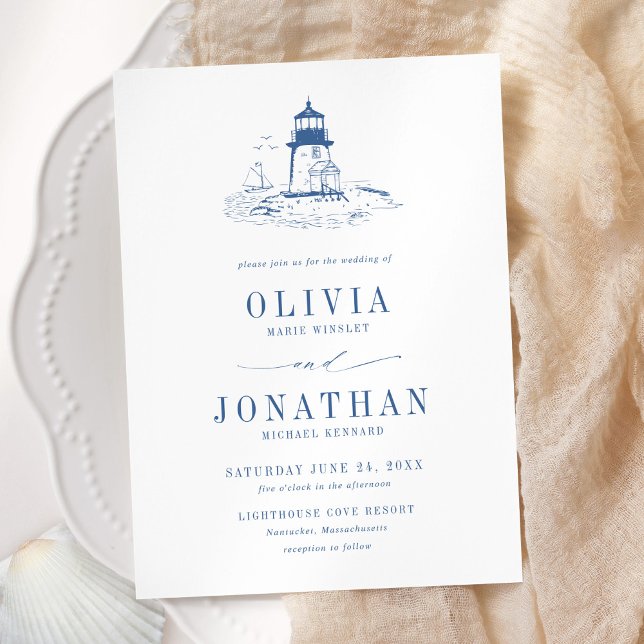 Coastal Blue Toile Lighthouse Wedding Invitation (Creator Uploaded)