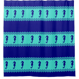 Coastal Blue Turquoise Ocean Seahorses Pattern Shower Curtain