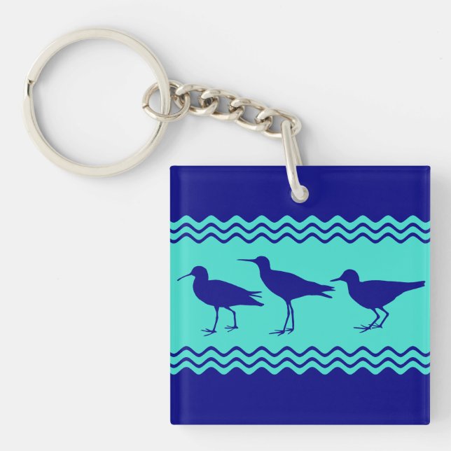 Coastal Blue Turquoise Sandpiper Birds Pattern Key Ring (Front)
