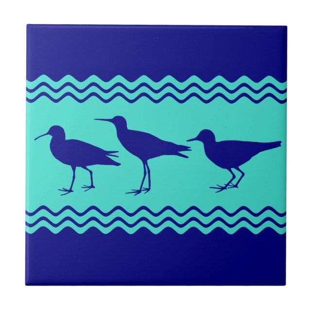 Coastal Blue Turquoise Sandpiper Birds Pattern Tile (Front)