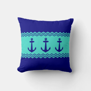 Coastal Blue Turquoise Stripe Anchor Nautical Cushion