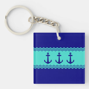 Coastal Blue Turquoise Stripe Anchor Nautical Key Ring