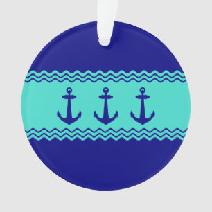 Coastal Blue Turquoise Stripe Anchor Nautical Ornament