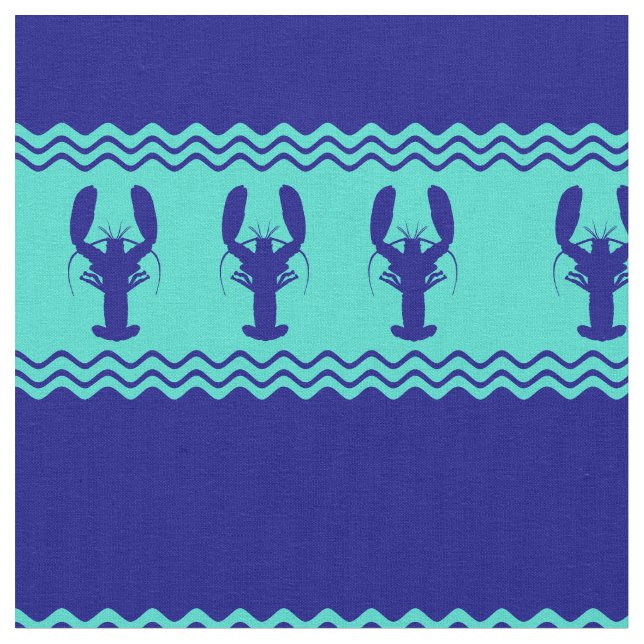 Coastal Blue Turquoise Stripe Lobster Pattern Fabric (Close Up)