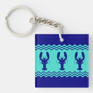 Coastal Blue Turquoise Stripe Lobster Pattern Key Ring