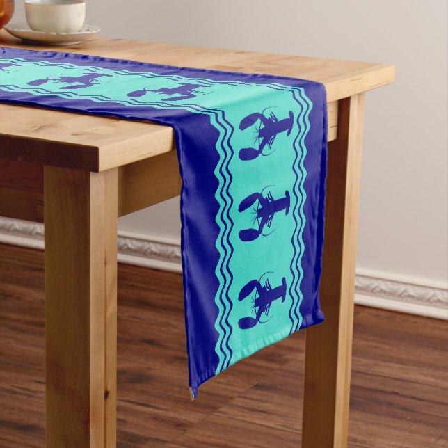 Coastal Blue Turquoise Stripe Lobster Pattern Medium Table Runner (In Situ)