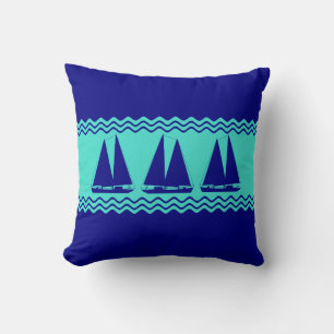 Coastal Blue Turquoise Stripe Sailboat Nautical Cushion