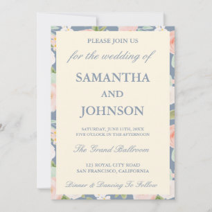 Coastal Blue Vintage Ivory Floral Photo Wedding Invitation