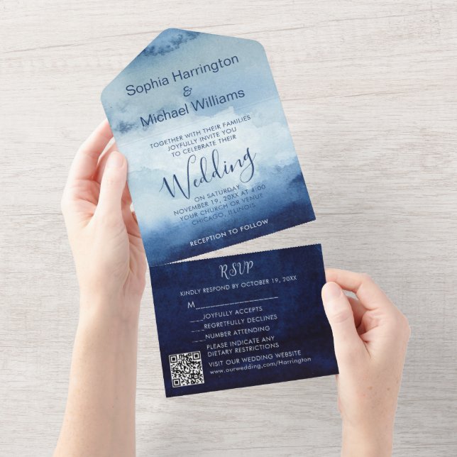 Coastal Blue Watercolor All in One Wedding Invite (Tearaway)