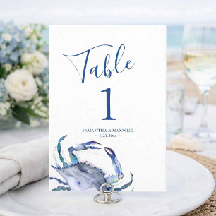 Coastal Blue Watercolor Crab Wedding Table Number