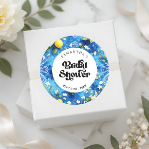 Coastal Blue Watercolor Lemon Citrus Bridal Shower Classic Round Sticker