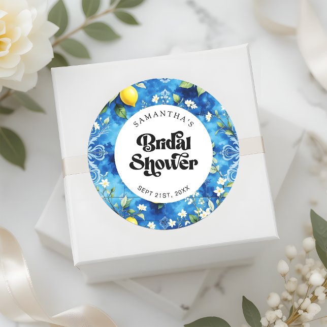 Coastal Blue Watercolor Lemon Citrus Bridal Shower Classic Round Sticker (Creator Uploaded)