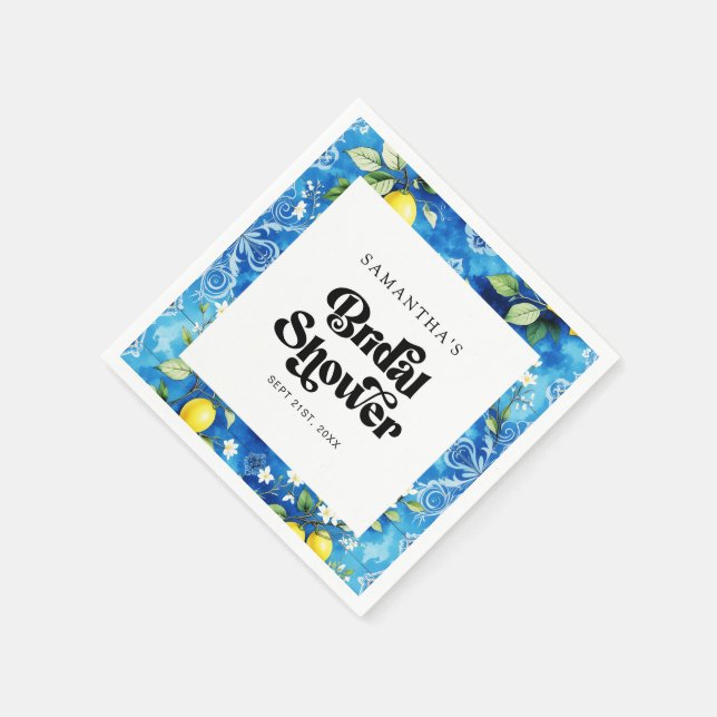 Coastal Blue Watercolor Lemon Citrus Bridal Shower Napkin (Corner)