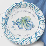 Coastal Blue Watercolor Octopus Boy Baby Shower Paper Plate<br><div class="desc">Cute personalised plates for your coastal themed backyard boy baby shower. This design features a coral border with a watercolor octopus and starfish in shades of blue. Personalise with the mama-to-be's name and shower date. To see the matching beach theme party decor visit www.zazzle.com/dotellabelle</div>