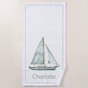 Coastal Blue Watercolor Sailboat Personalised Beach Towel