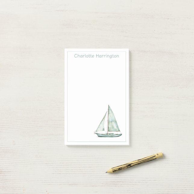 Coastal Blue Watercolor Sailboat Personalised Post-it Notes (On Desk)
